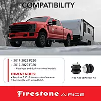 Firestone Airide 2600 Ride-Rite Rear Air Springs Kit fits 2017-2022 F250 F350 2WD | 20-100 PSI | No Drill Installation | Load Capacity of 5,000 Pounds | Levels Headlight Beams