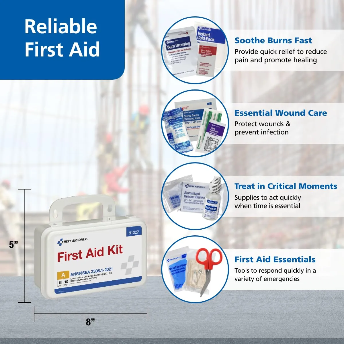 First Aid Only 91322 ANSI A 2021 and OSHA Compliant First Aid Kit, 10-Person Emergency First Aid Kit for Business, Home, Car