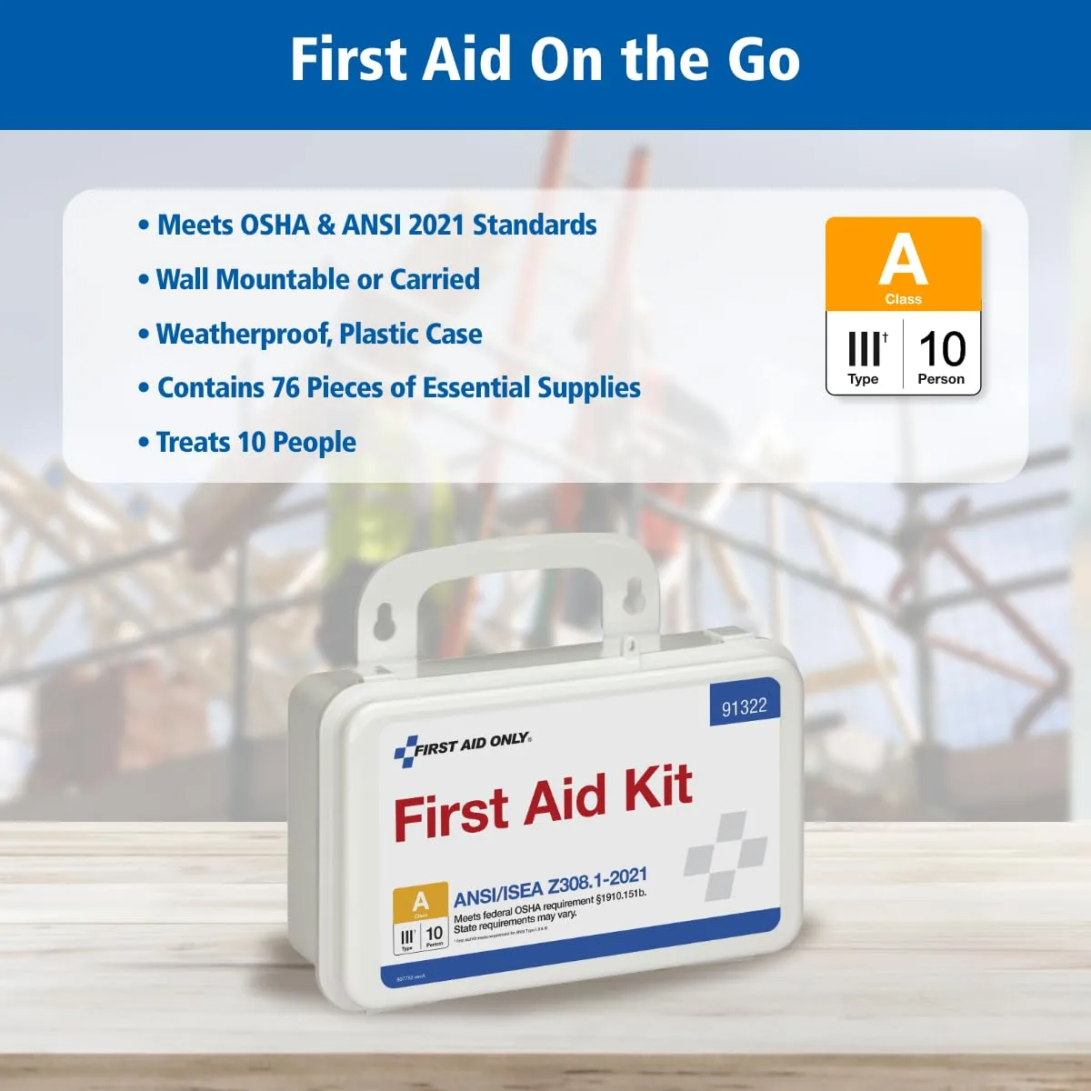 First Aid Only 91322 ANSI A 2021 and OSHA Compliant First Aid Kit, 10-Person Emergency First Aid Kit for Business, Home, Car