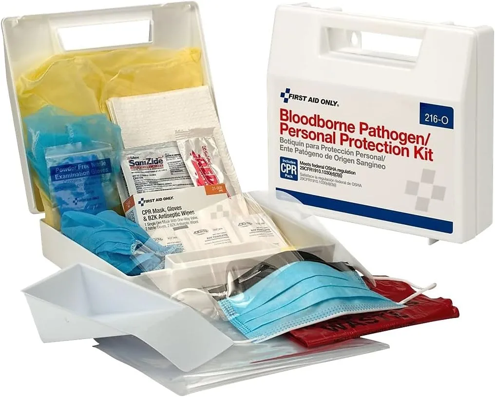 First Aid Only 216-O Blood Pathogen Clean Up Kit with 6-Piece CPR Pack, 29-Piece Body Fluid Clean Up Kit in Plastic Case 1