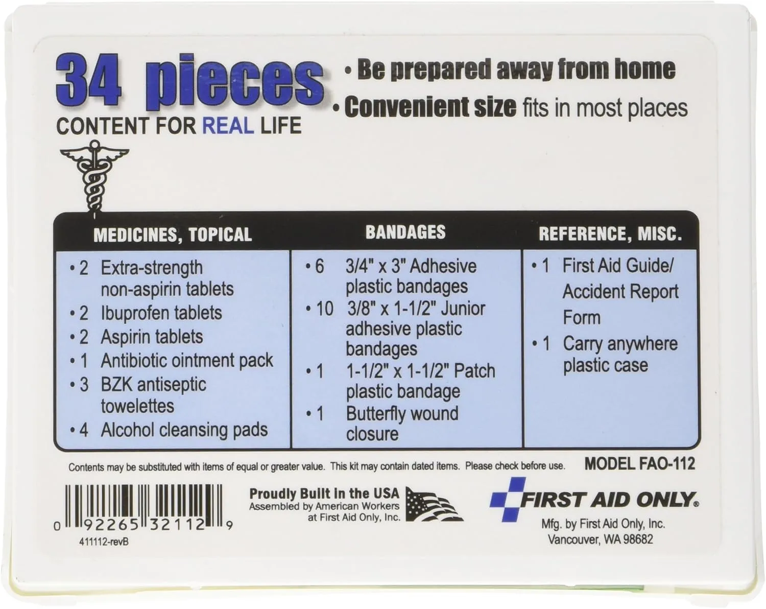 First Aid Only All-Purpose 34 Piece First Aid Kit, Blue/White