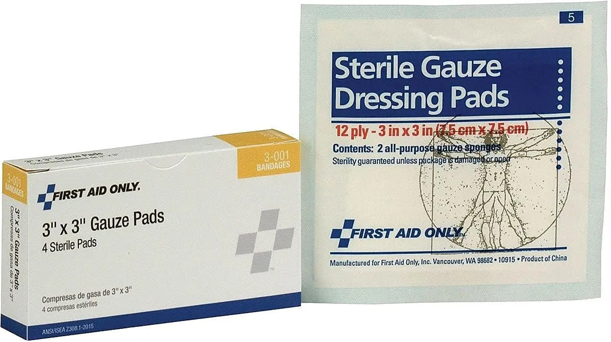 First Aid Only Gauze Pads, 3in x 3in, White, Pack Of 4 Pads