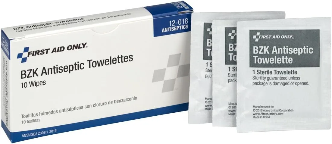 First Aid Only 12-018 Benzalkonium Chloride Wipes, Individually Wrapped, 10 Count