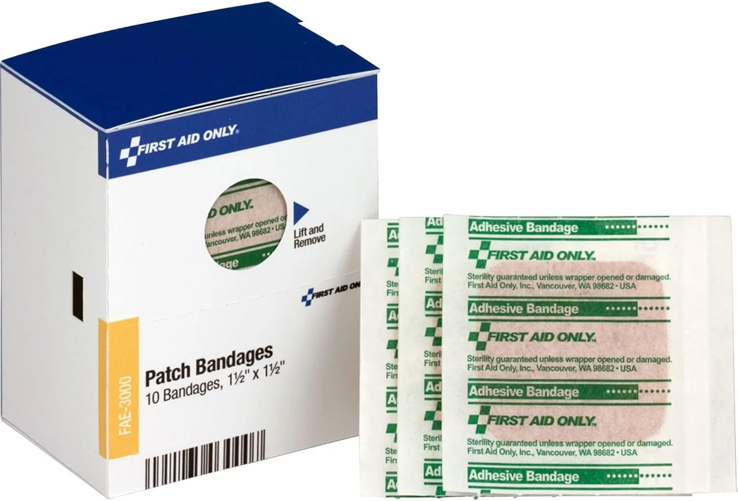 First Aid Only - FAE3000 Patch Bandages, 1 1/2 x 1 1/2, 10 Count Adhesive