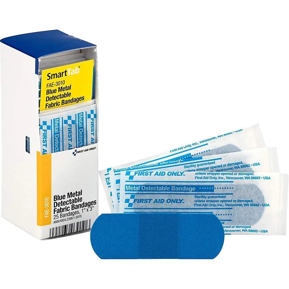 First Aid Only FAE-3010 SmartCompliance Refill Blue Metal Detectable Bandages, 1 x 3 Inch, 25 Count