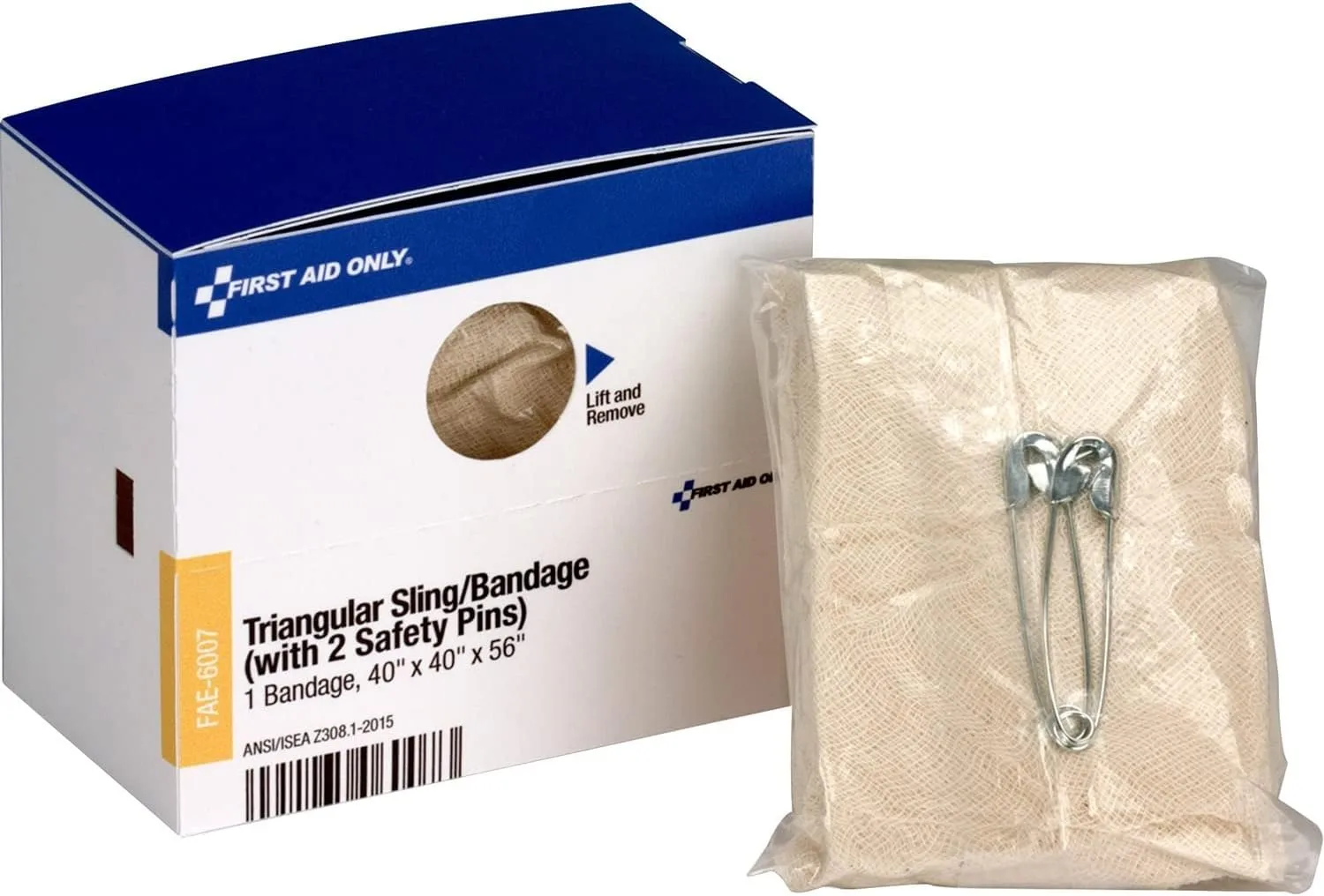 First Aid Only Triangular Sling/Bandage, 40" x 40" x 56", 2 Safety Pins/1 Bandage/Box