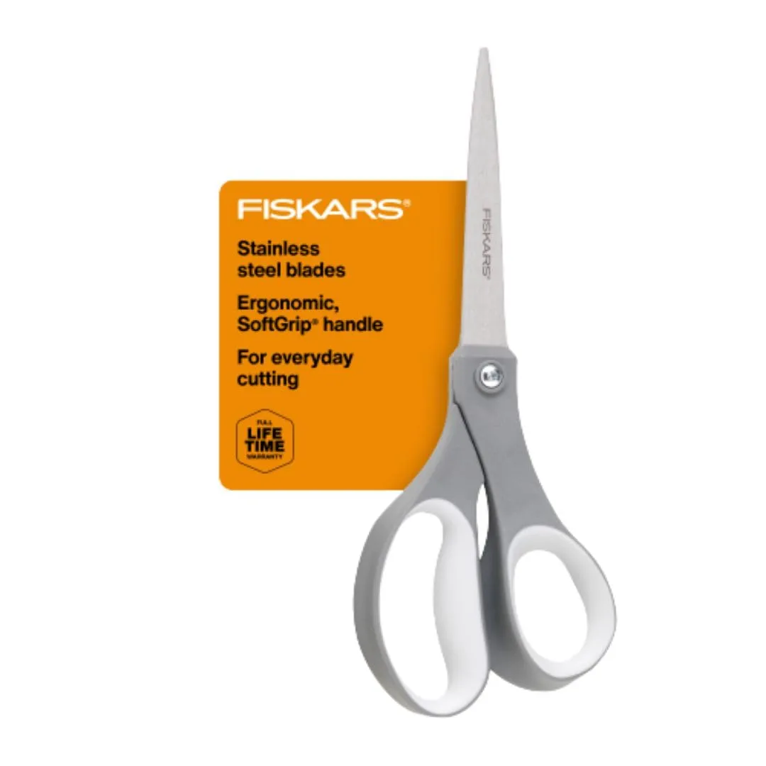 Fiskars All Purpose Scissors, 8in SoftGrip, Stainless Steel, Gray