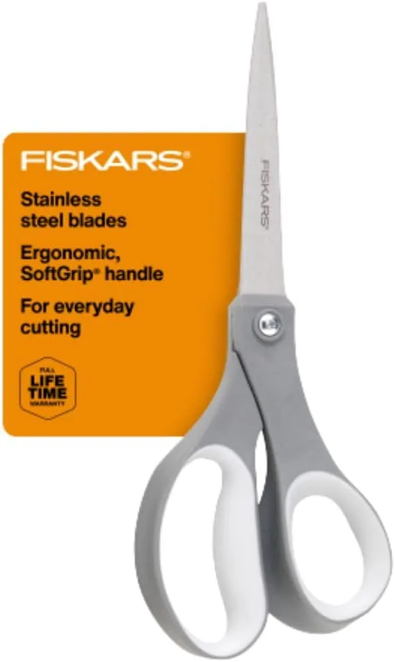 Fiskars All Purpose Scissors, 8in SoftGrip, Stainless Steel, Gray