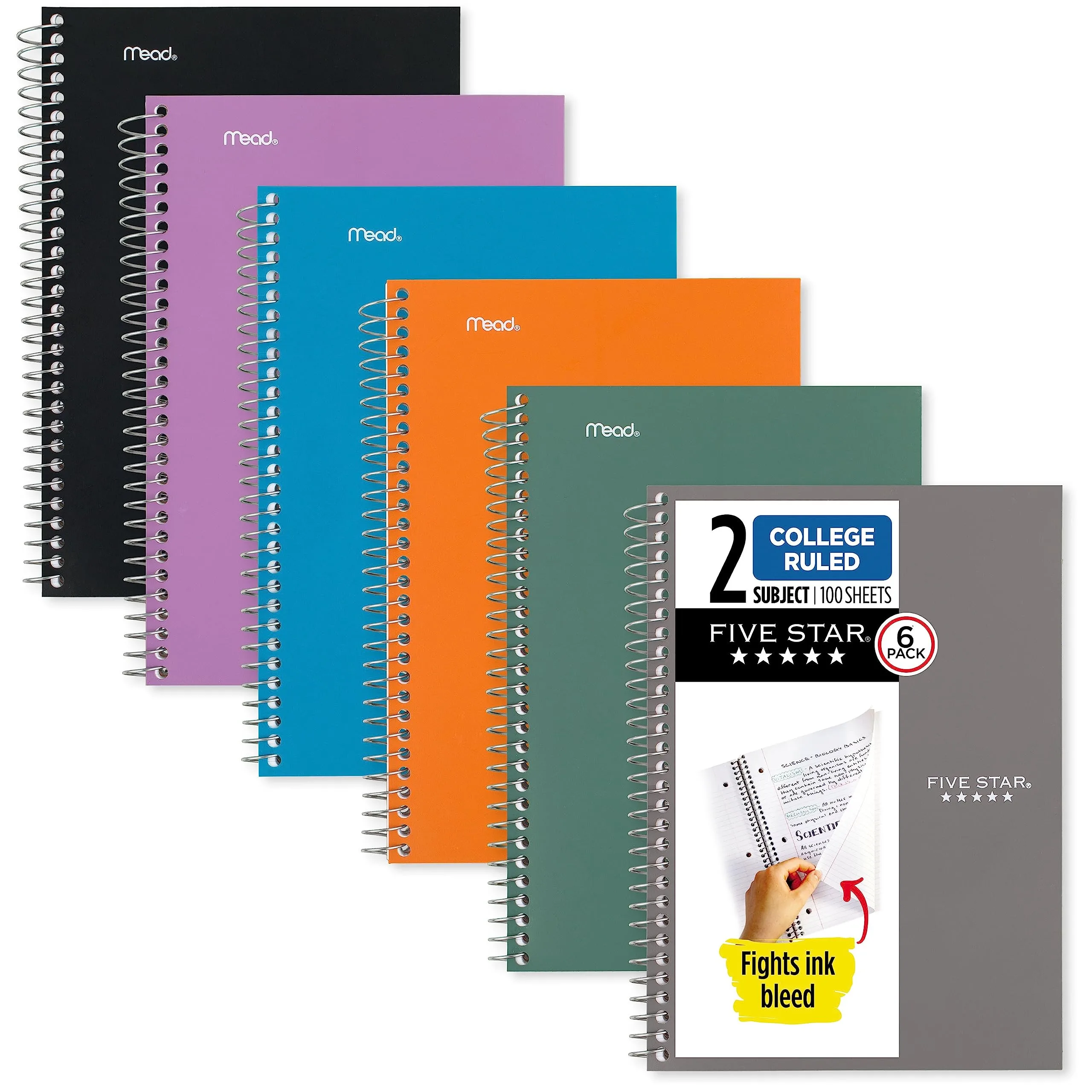 Five Star Small Spiral Notebooks, 6 Pack, 2 Subject, College Ruled Paper, 9-1/2" x 6", 100 Sheets, Assorted Colors (73711)