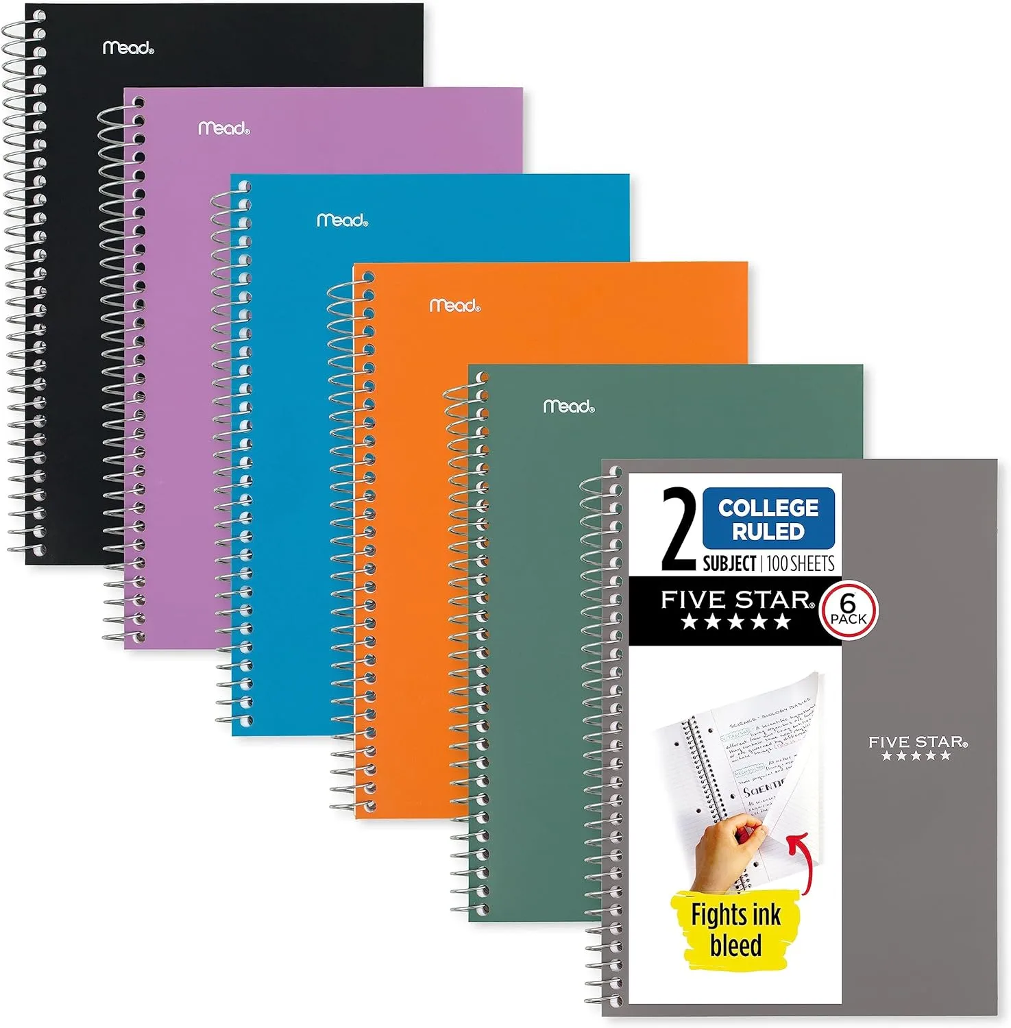 Five Star Small Spiral Notebooks, 6 Pack, 2 Subject, College Ruled Paper, 9-1/2" x 6", 100 Sheets, Assorted Colors (73711)