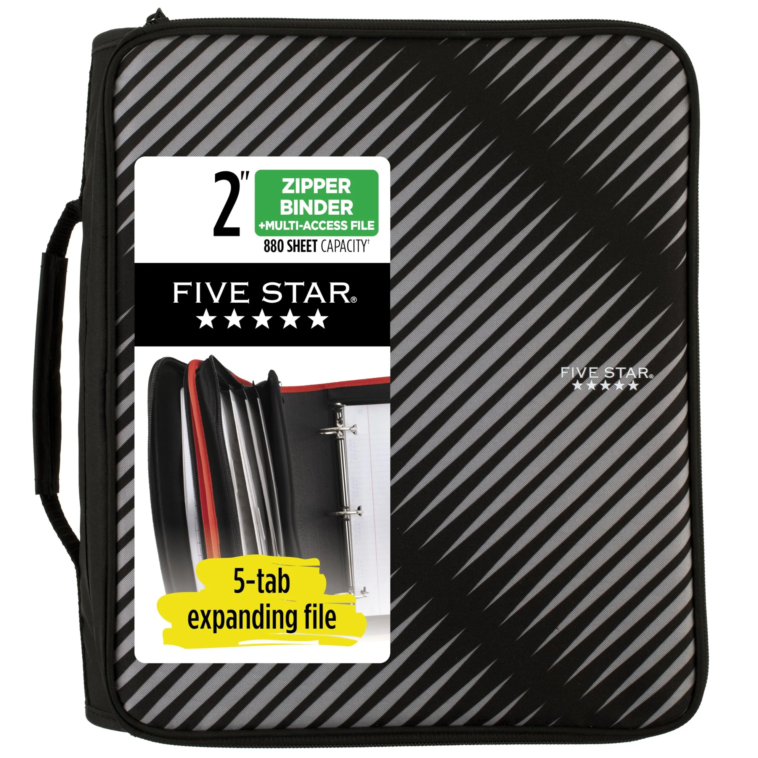Five Star Zipper Binder, 2 Inch 3-Ring, 5-Tab Expanding File, Black