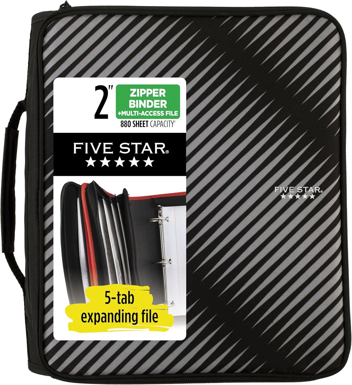 Five Star Zipper Binder, 2 Inch 3-Ring, 5-Tab Expanding File, Black