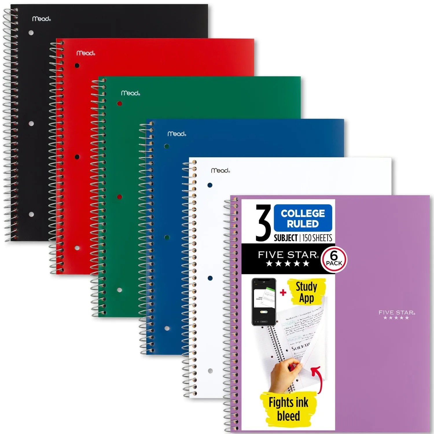 Five Star Spiral Notebooks Plus Study App, 6 Pack, 3 Subject, College Ruled Paper, 11" x 8-1/2", 150 Sheets, Assorted