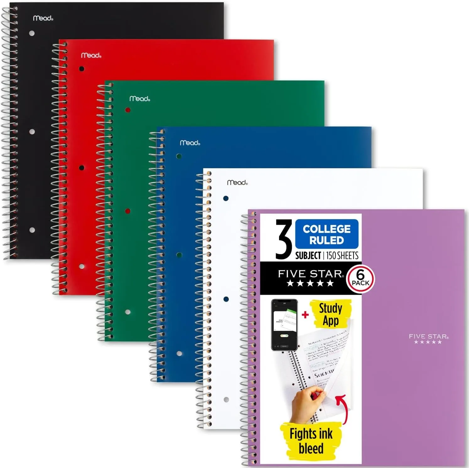 Five Star Spiral Notebooks Plus Study App, 6 Pack, 3 Subject, College Ruled Paper, 11" x 8-1/2", 150 Sheets, Assorted