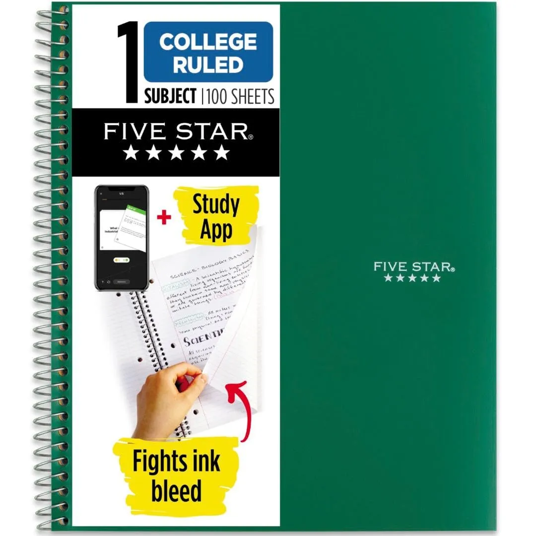 FIVE STAR 1-Subject Spiral Notebook with Study App, College Ruled, 100 Sheets (8.5 x 11)