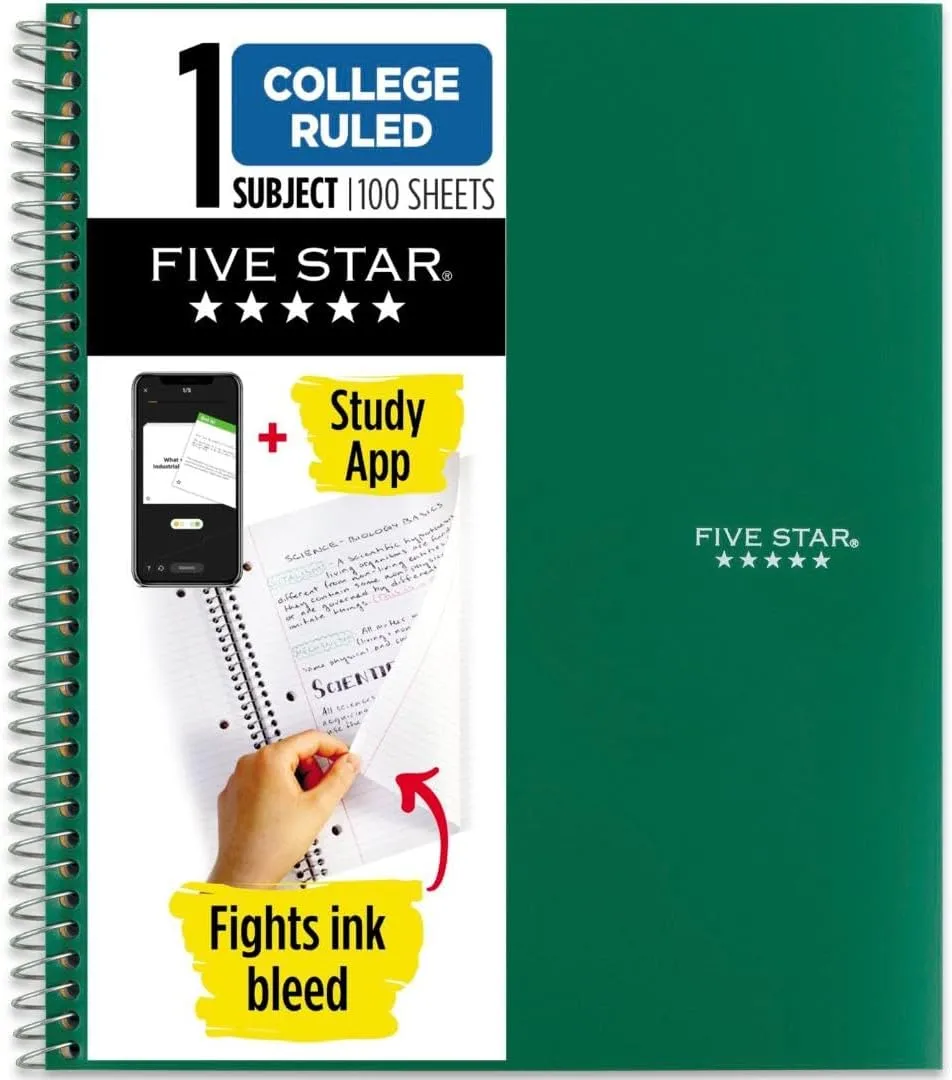 FIVE STAR 1-Subject Spiral Notebook with Study App, College Ruled, 100 Sheets (8.5 x 11)