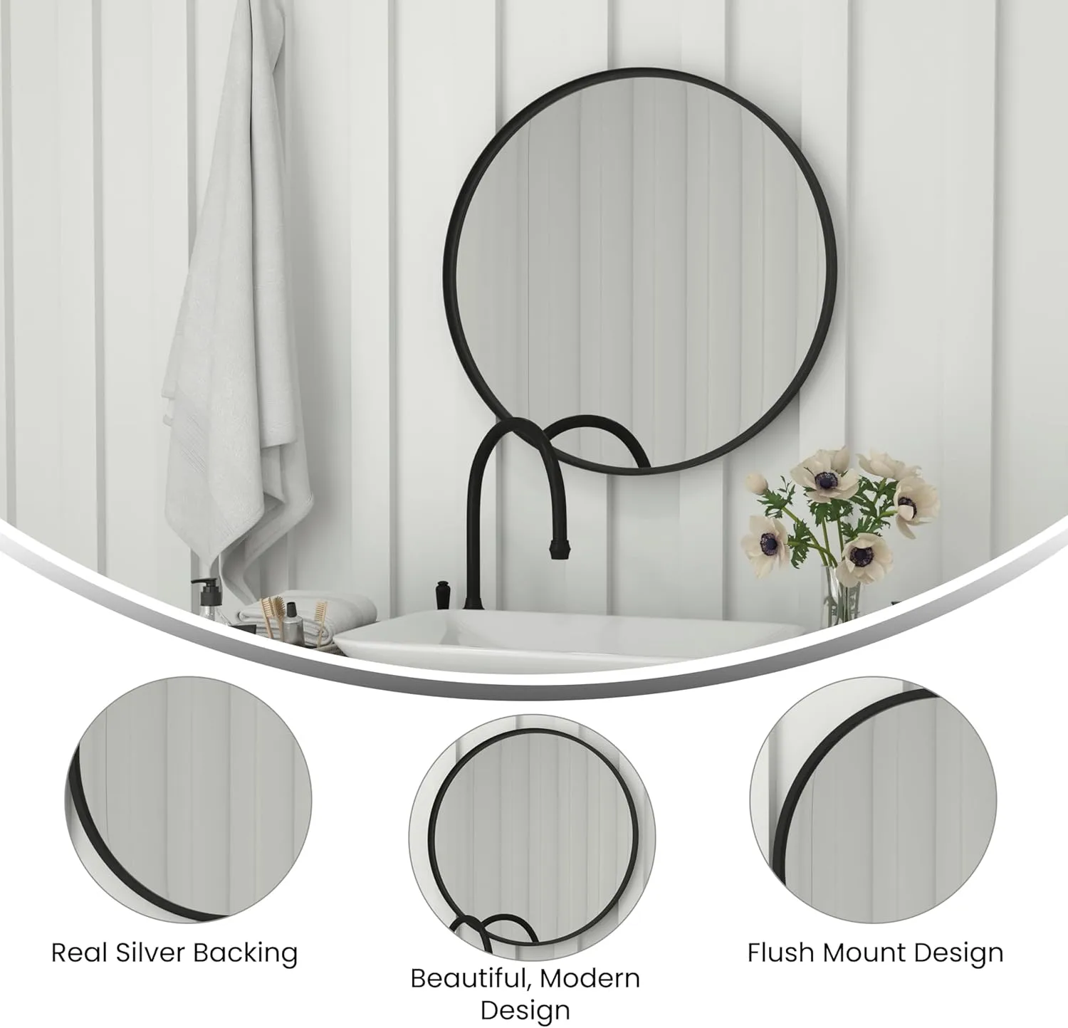 Flash Furniture Jennifer Large Round Wall Mirror - Black Circle Accent Mirror - 27.5" Vanity Mirror - for Bathroom, Vanity