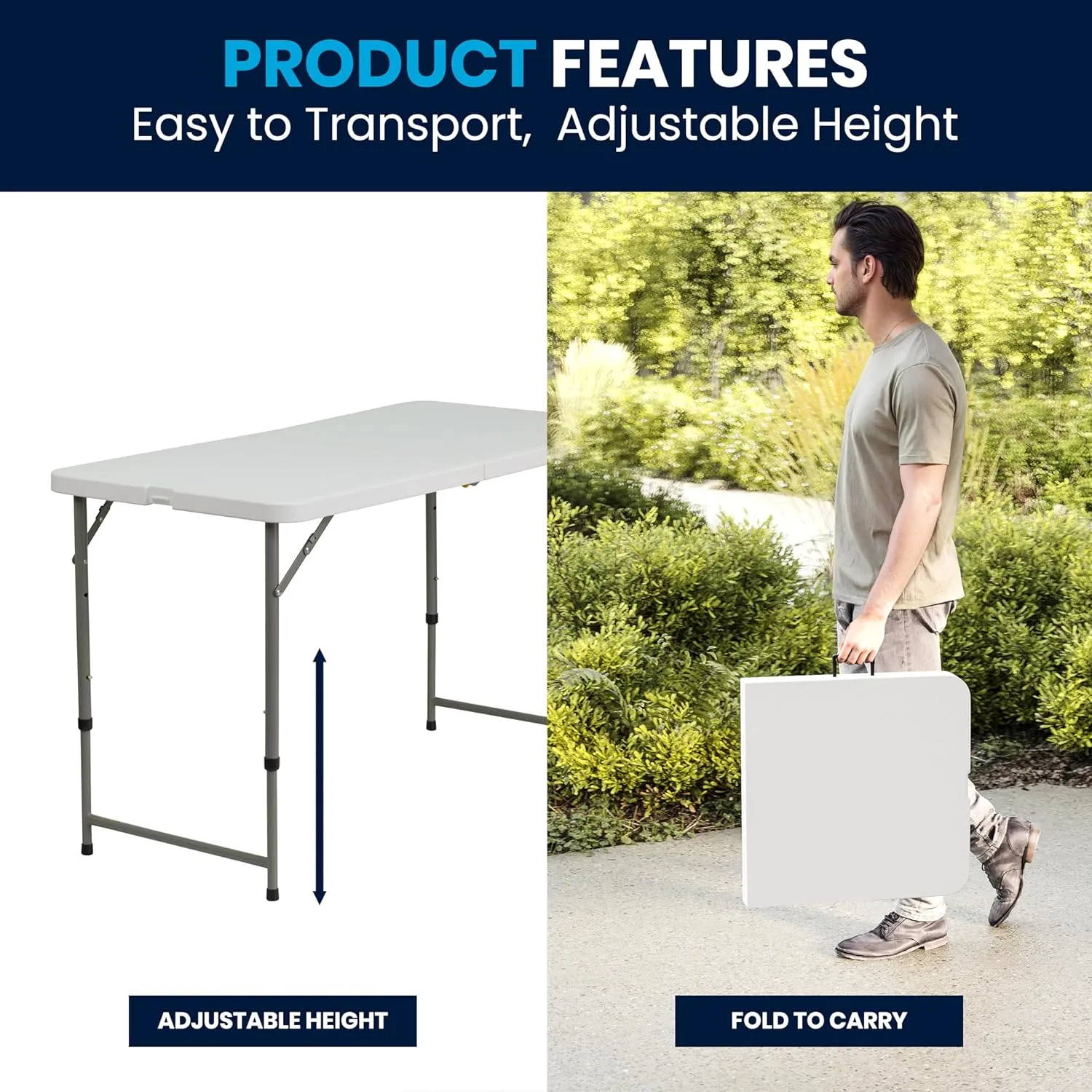 Flash Furniture 4' Rectangular Plastic Folding Event Table with Adjustable Legs and Carrying Handle