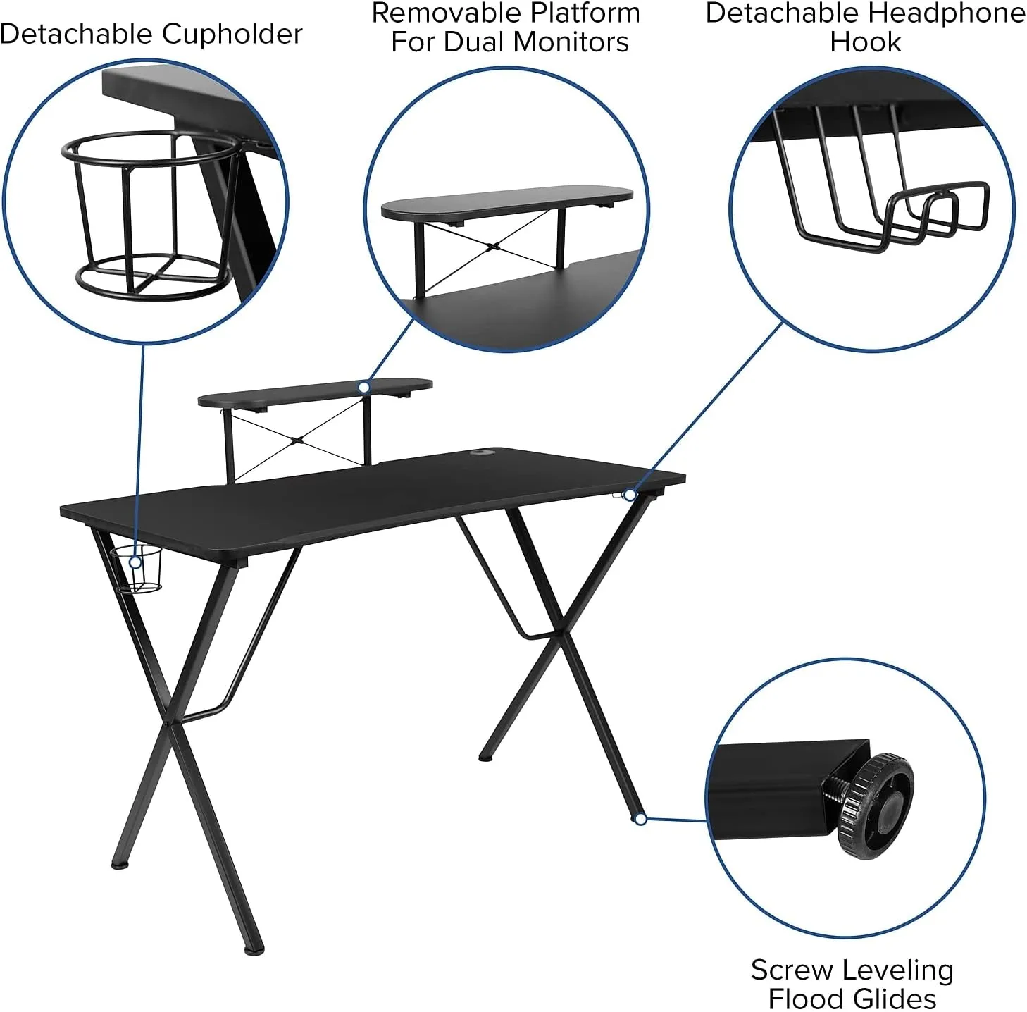 Flash Furniture Mallot Black Gaming Desk with Cup Holder, Headphone Hook, and Monitor/Smartphone Stand Black 51.5"