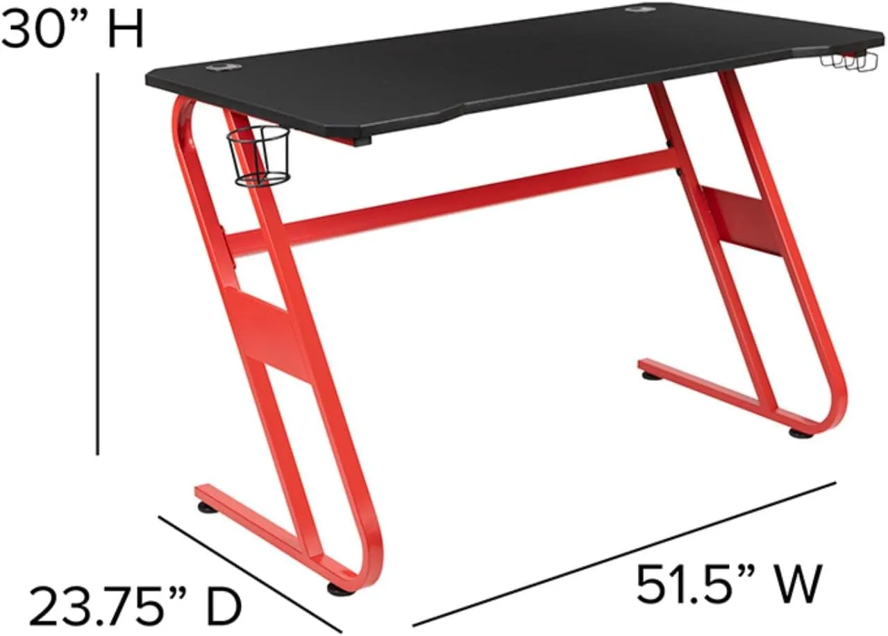 Flash Furniture 52inW Ergonomic PC Gaming Computer Desk With Cup Holder And Headphone Hook, Black/Red