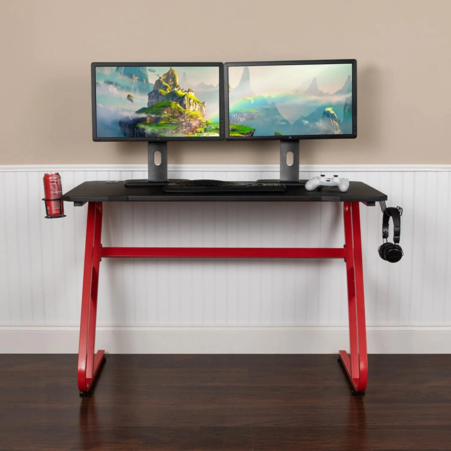Flash Furniture 52inW Ergonomic PC Gaming Computer Desk With Cup Holder And Headphone Hook, Black/Red