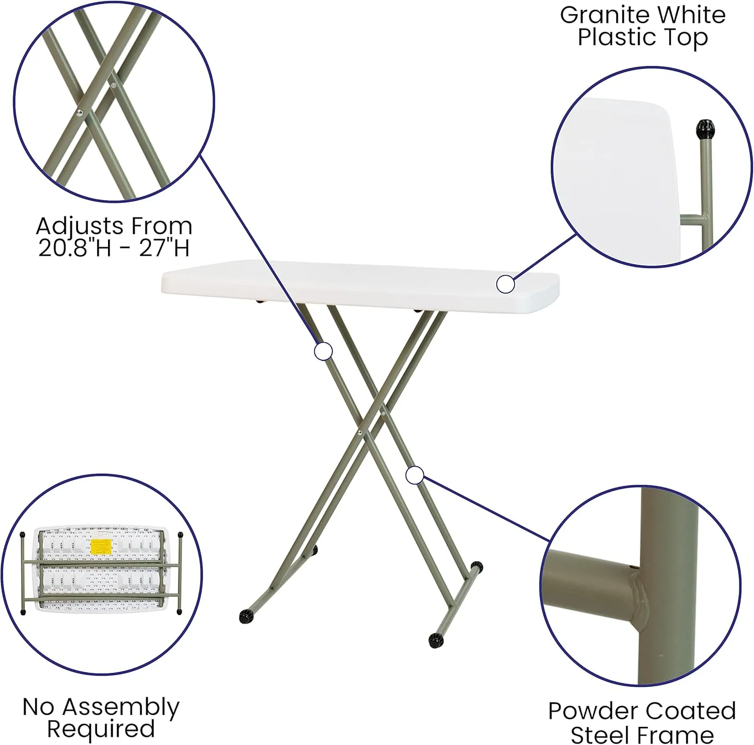 Flash Furniture Elon Folding Table - Granite White - Height Adjustable - 30 Inch - TV Tray