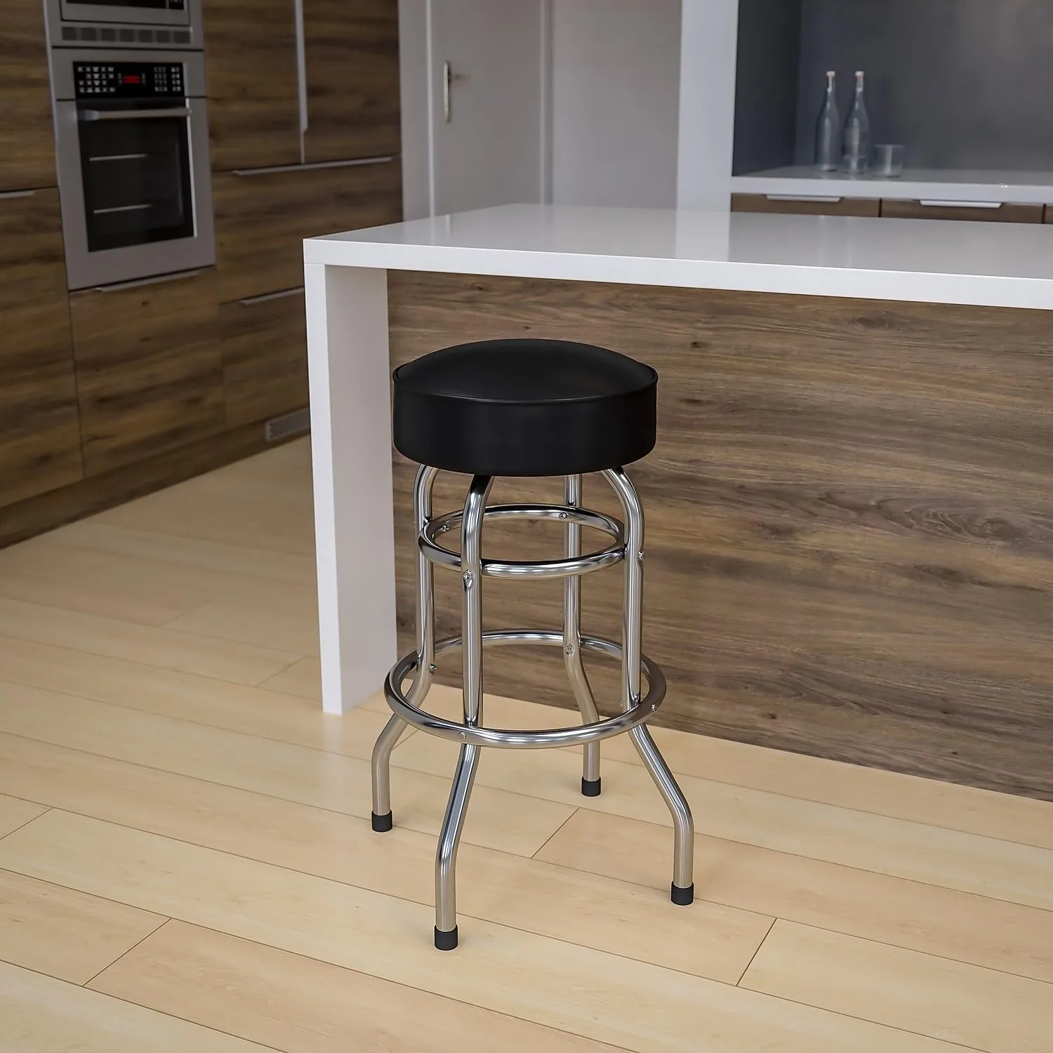 Flash Furniture Bruno Double Ring Chrome Backless Barstool with Black Upholstered Seat and Integrated Footrest Black Set of 1