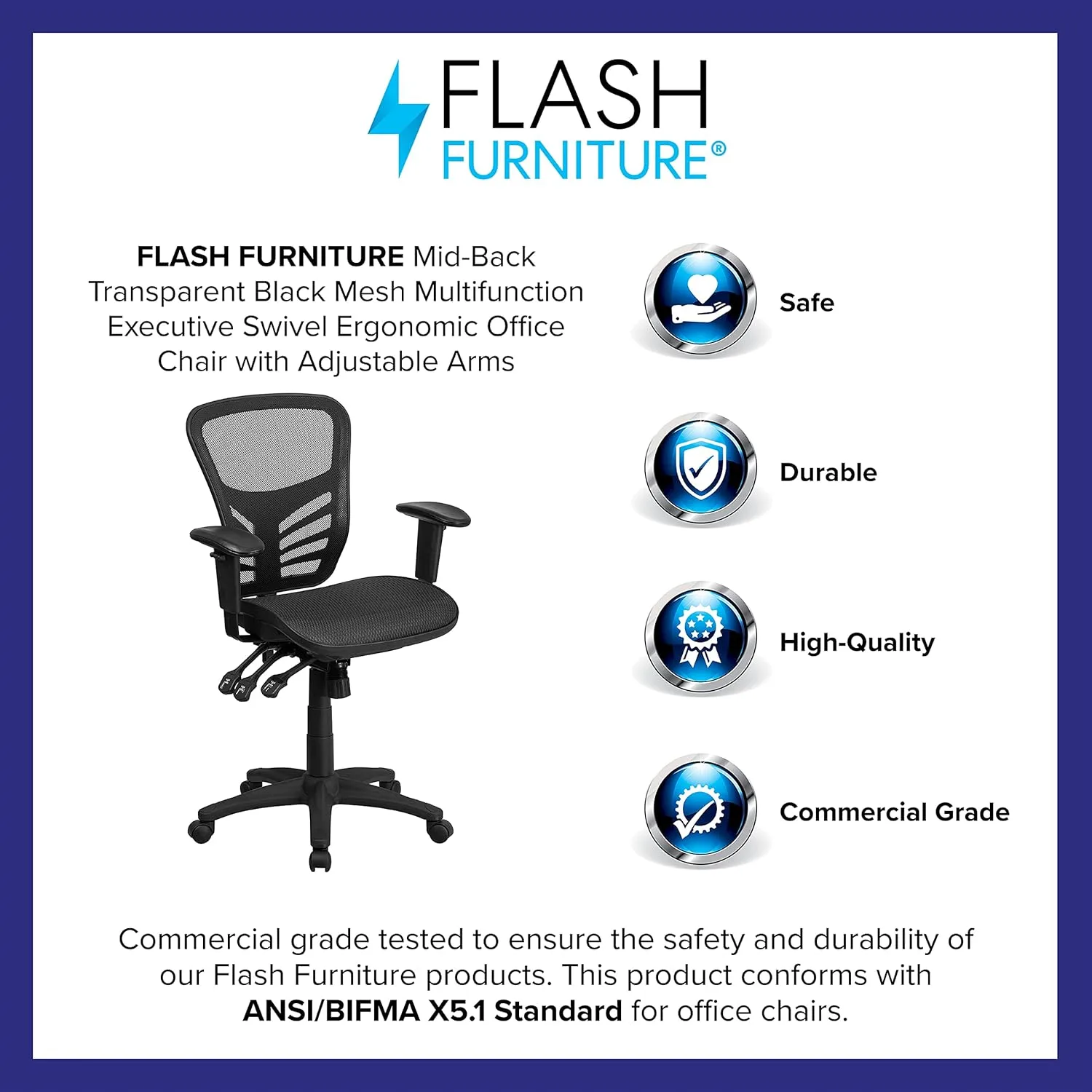 Flash Furniture Nicholas Mid-Back Transparent Black Mesh Multifunction Executive Swivel Ergonomic Office Chair