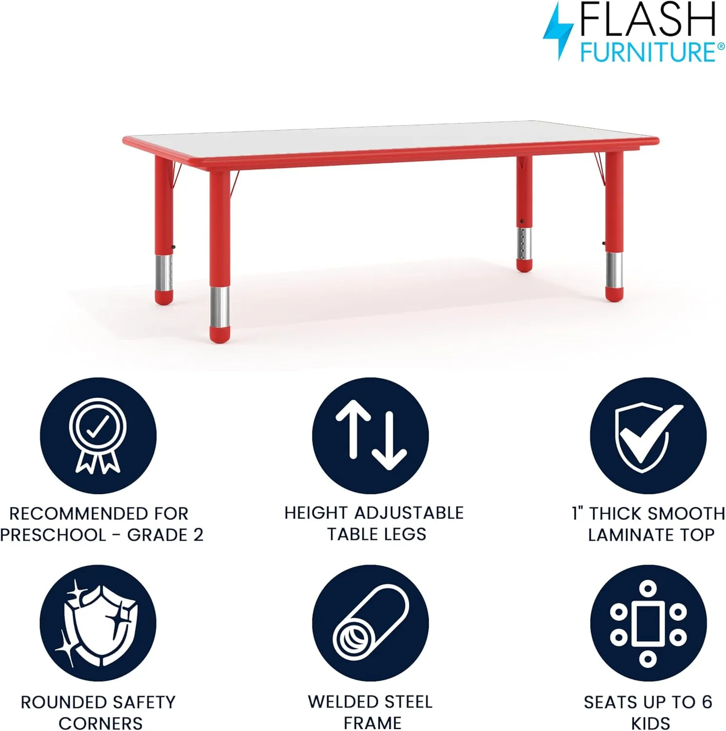Flash Furniture Wren 23.625''W x 47.25''L Rectangular Red Plastic Height Adjustable Activity Table with Grey Top Red Set of 1