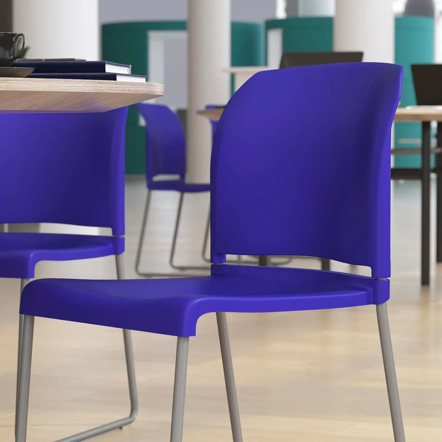 Flash Furniture Hercules Series 880 lb. Capacity Blue Full Back Contoured Stack Chair with Gray Powder Coated Sled Base