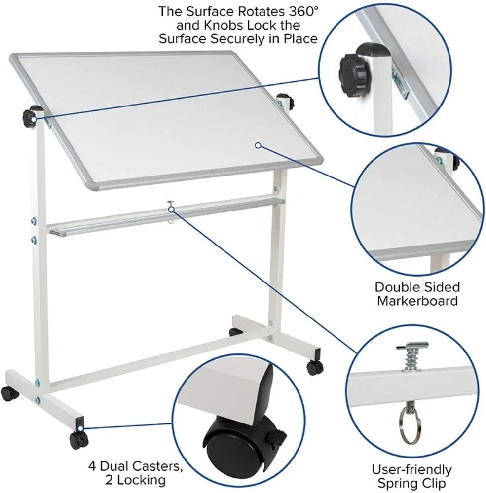 Flash Furniture HERCULES Series Double-Sided Mobile White Board With Pen Tray, 64-3/4inH x 64-1/4inW x 20inD, White