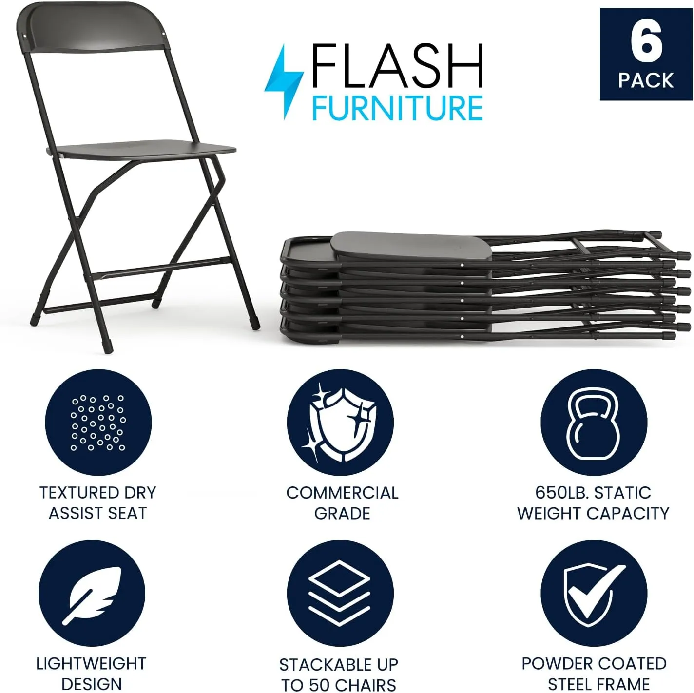 Flash Furniture Hercules Series Commercial-Grade Plastic Folding Chair - 650LB Weight Capacity