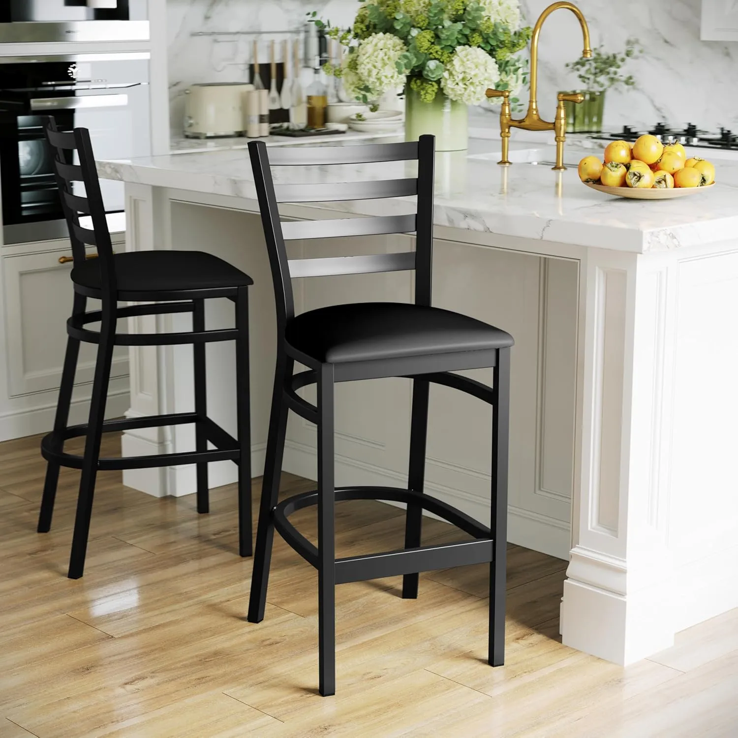 Flash Furniture Hercules Series Ladder Back Metal Restaurant Barstool, Modern Upholstered Armless Bar Height Chair