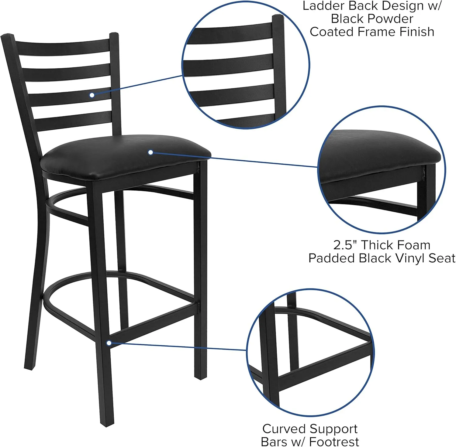 Flash Furniture Hercules Series Ladder Back Metal Restaurant Barstool, Modern Upholstered Armless Bar Height Chair