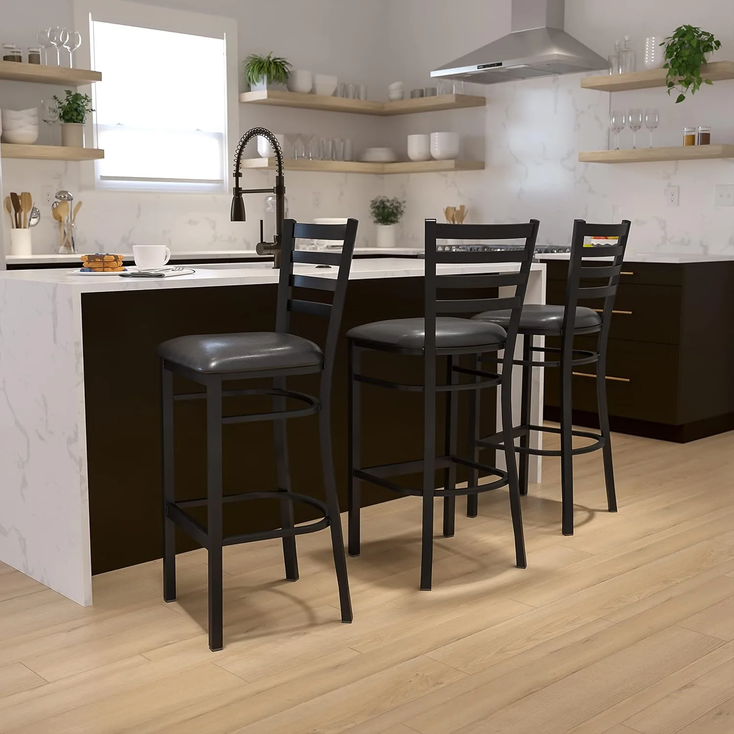 Flash Furniture Hercules Series Ladder Back Metal Restaurant Barstool, Modern Upholstered Armless Bar Height Chair