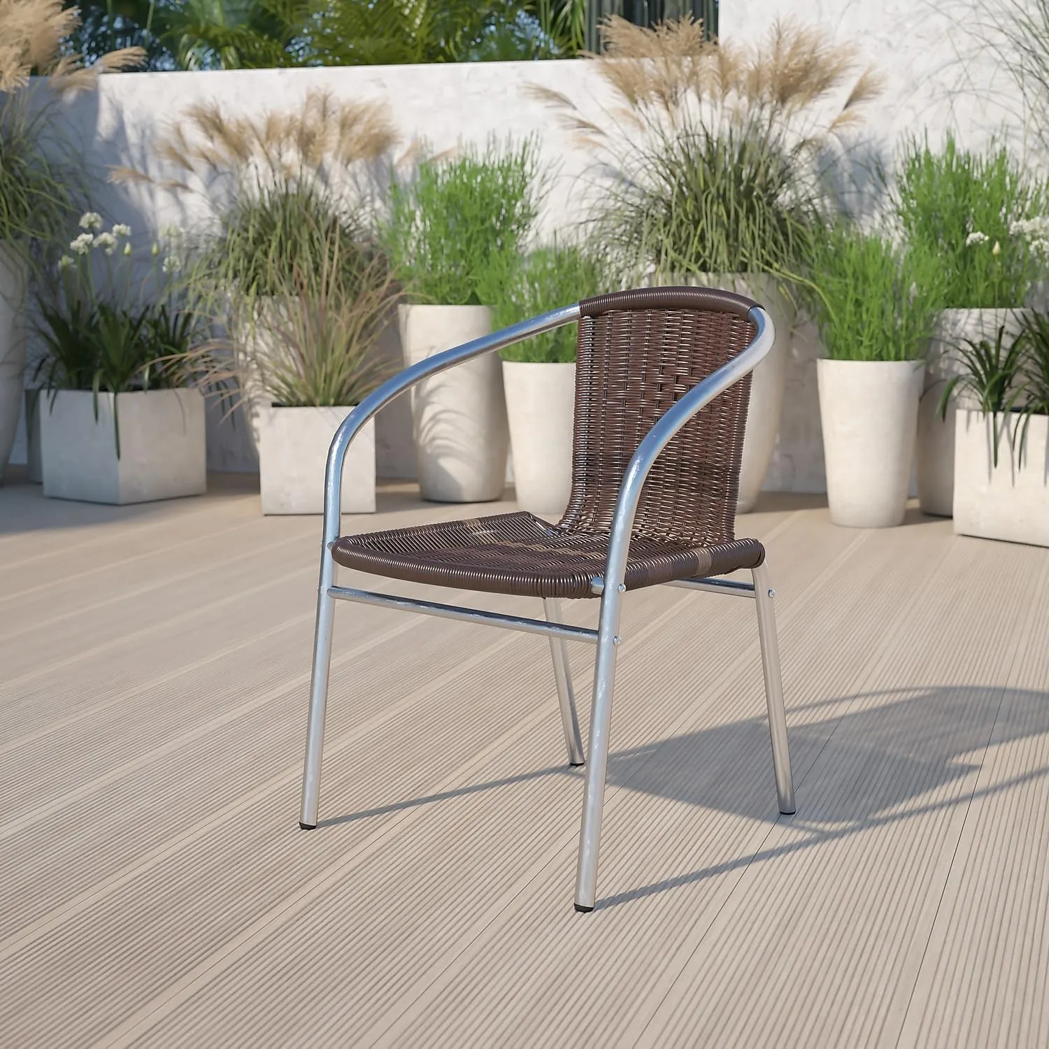 Flash Furniture Commercial Aluminum and Dark Brown Rattan Indoor-Outdoor Restaurant Stack Chair Aluminum and Dark Brown Set