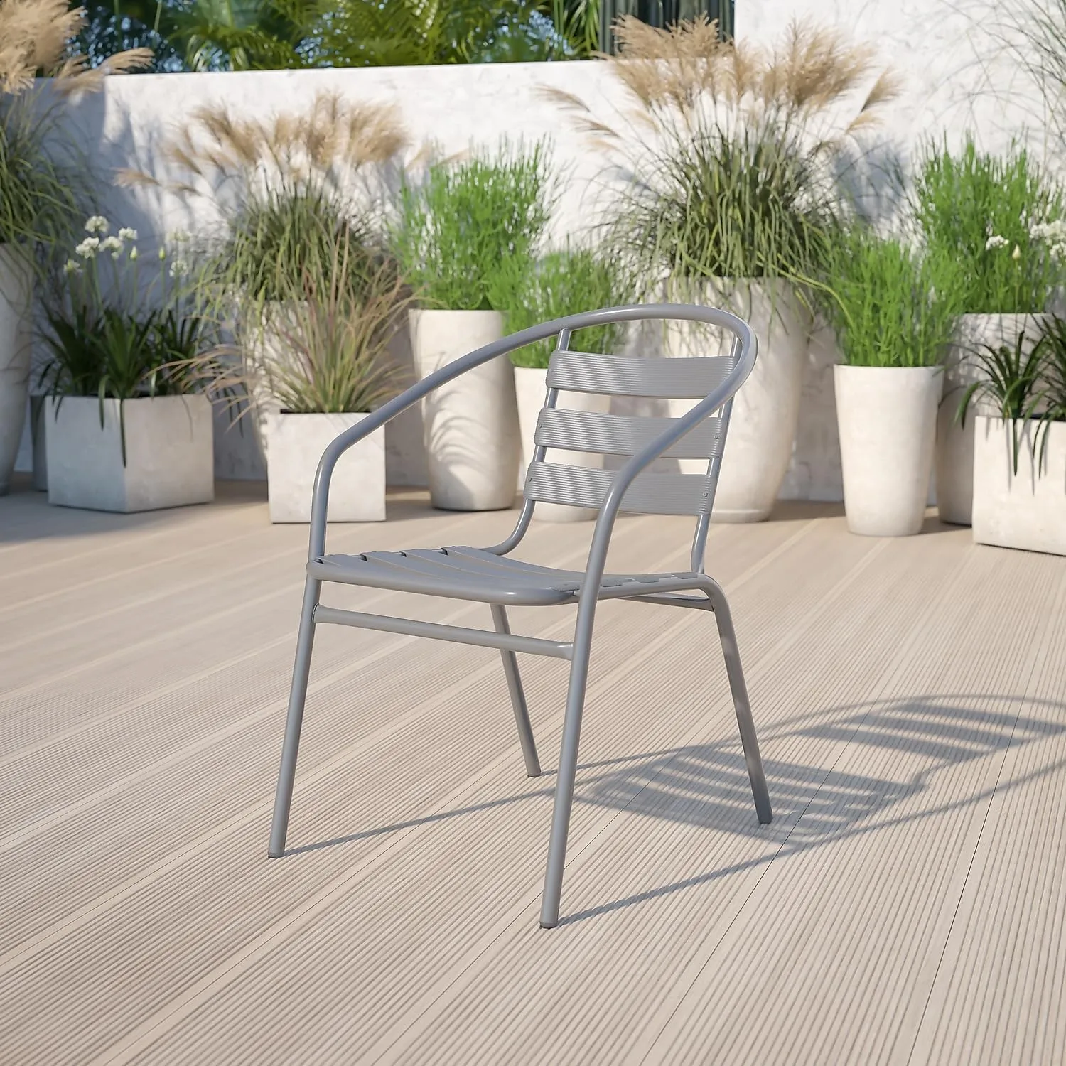 Flash Furniture Lila Silver Metal Restaurant Stack Chair with Aluminum Slats Silver Set of 1