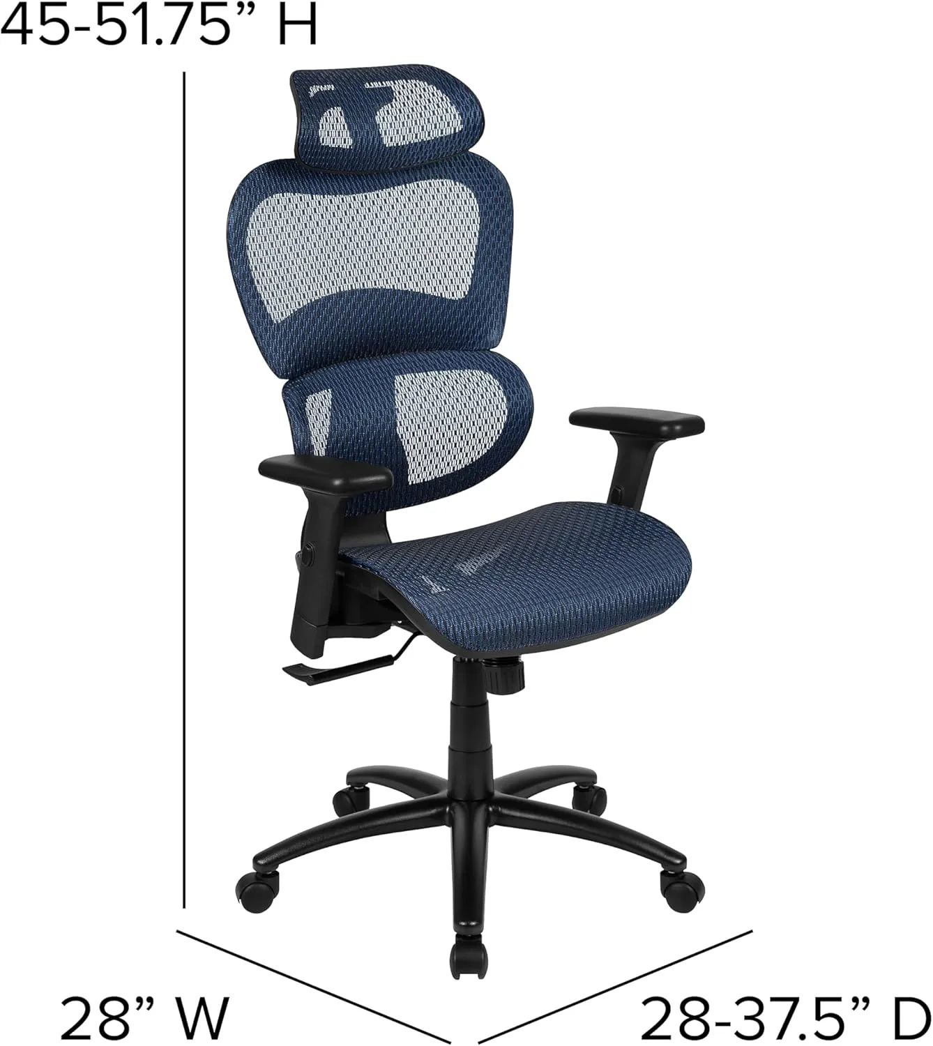 Flash Furniture LO Ergonomic Mesh Office Chair with 2-to-1 Synchro-Tilt, Adjustable Headrest, Lumbar Support - Arms in Blue
