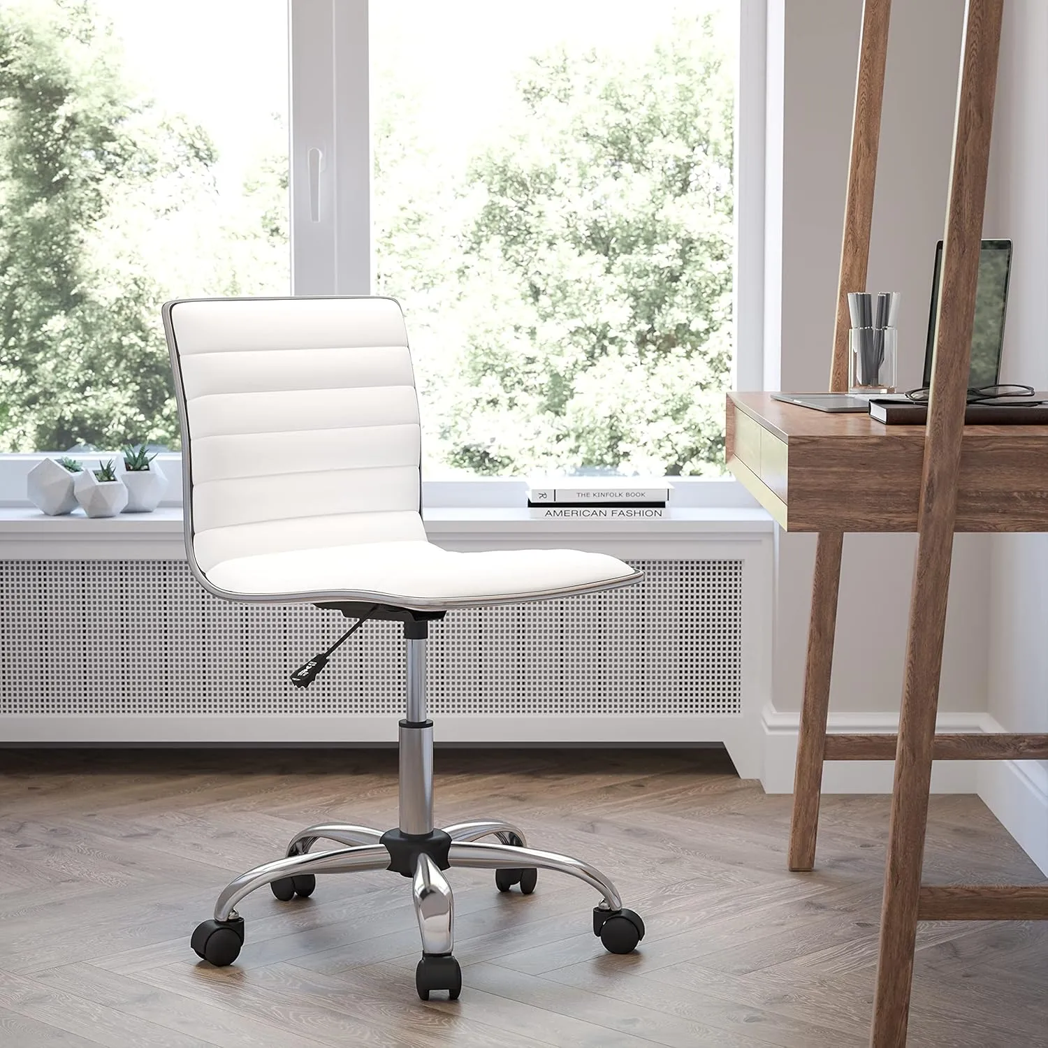 Flash Furniture Alan Low-Back Ribbed Upholstered Vinyl Swivel Desk Chair with Padded Seat