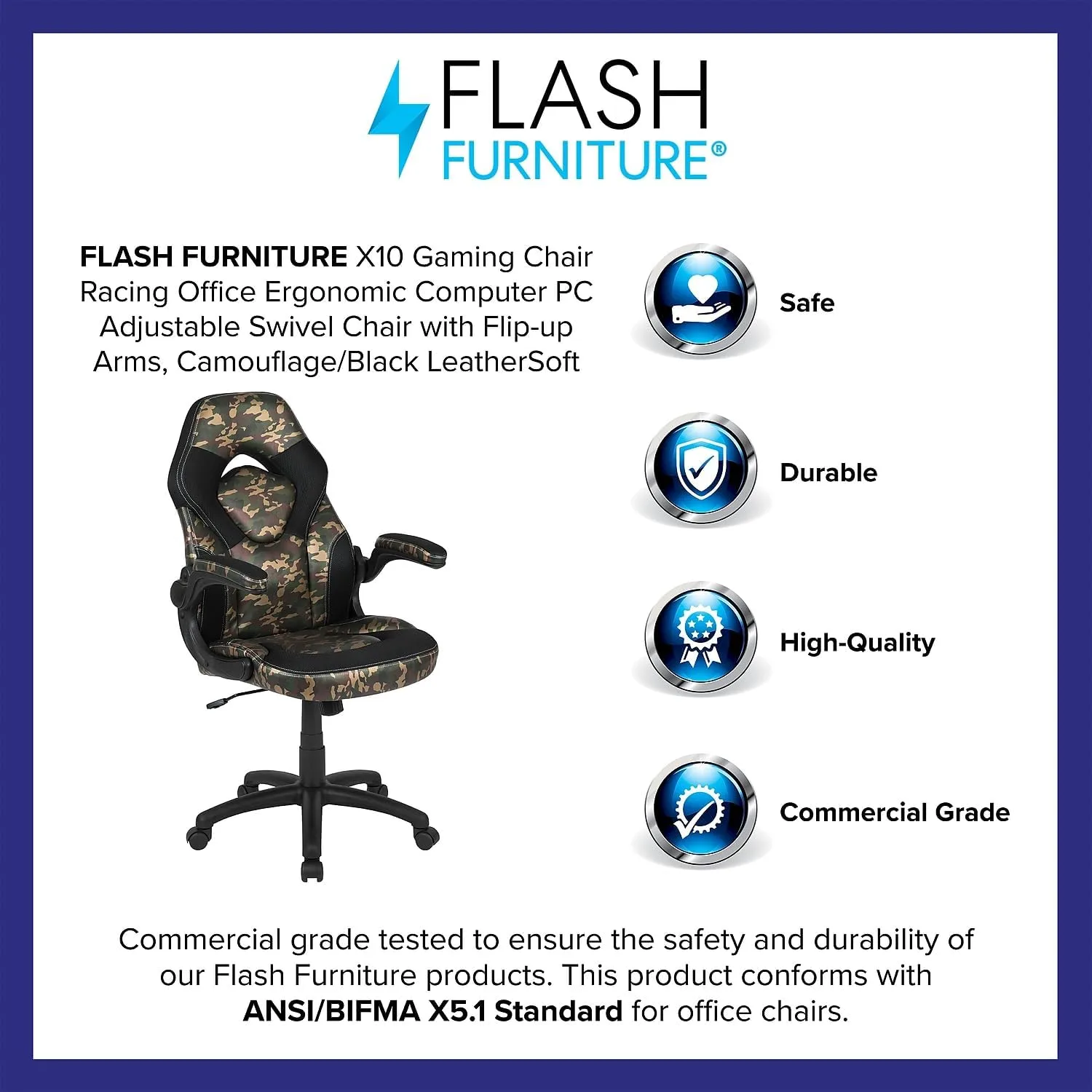 Flash Furniture X10 High-Back LeatherSoft Racing Style Gaming Chair with Flip-Up Arms