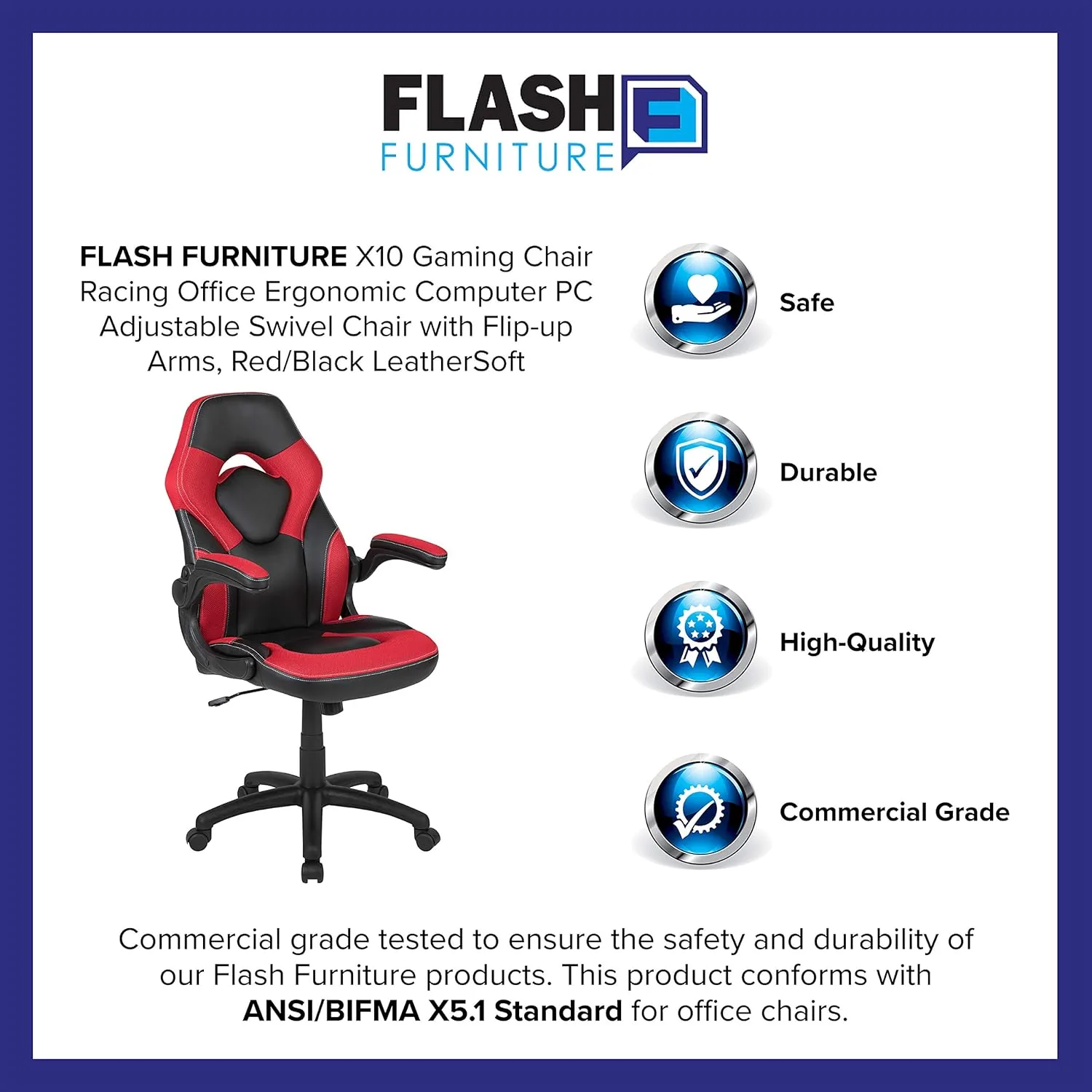 Flash Furniture X10 High-Back LeatherSoft Racing Style Gaming Chair with Flip-Up Arms
