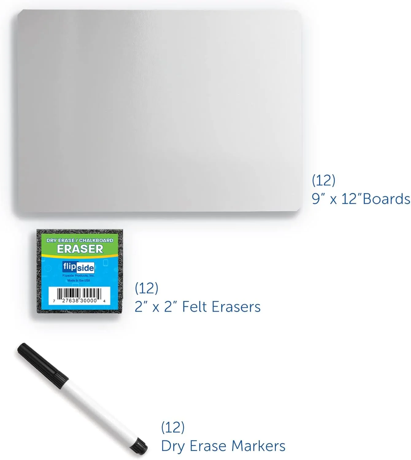 Flipside Dry Erase Board Set Class Pack 12 Pack of Boards + Erasers + Black Markers