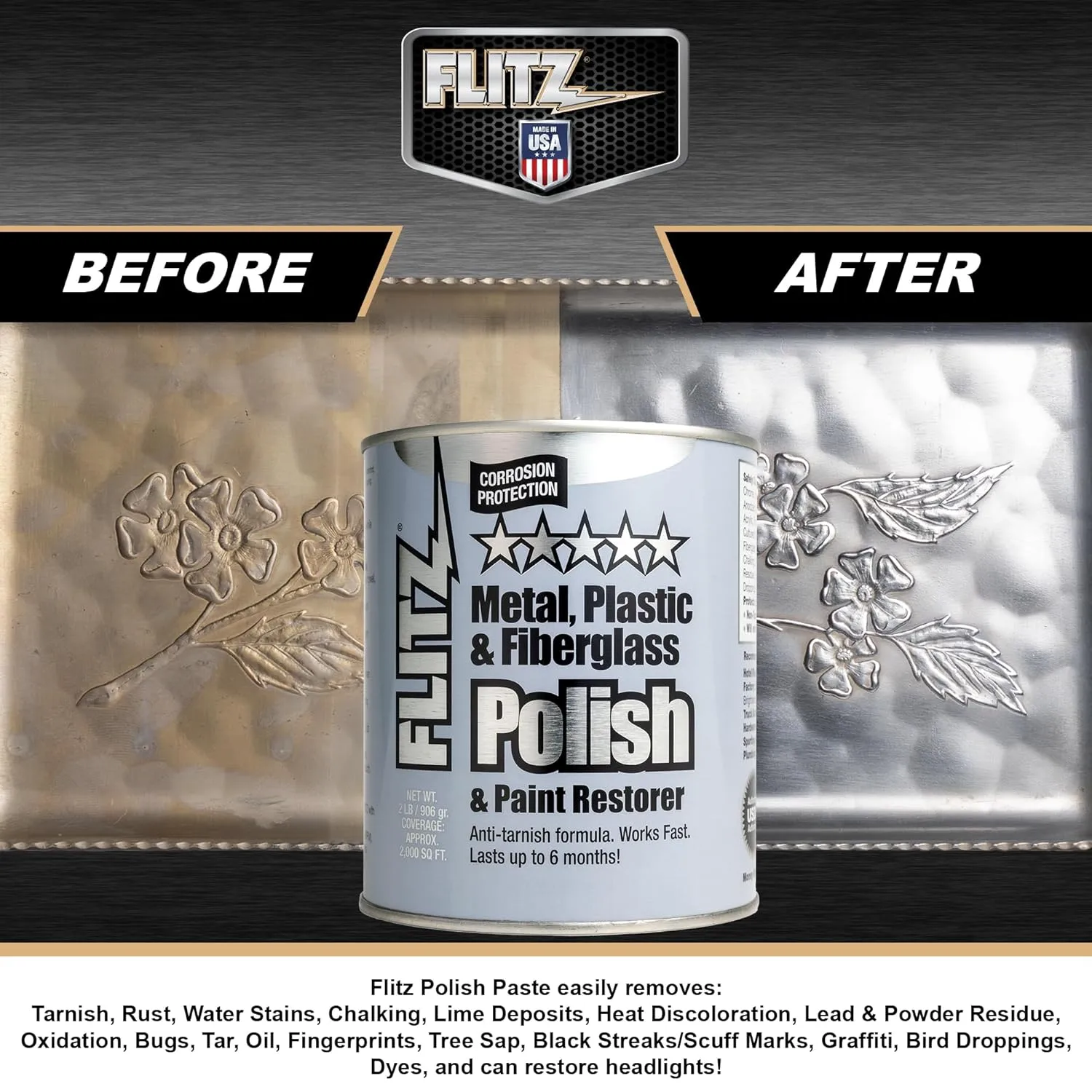 Flitz Multi-Purpose Metal Polish Paste - 2lb Can of USA-Made Metal Scratch Remover - Works on Stainless Steel, Chrome