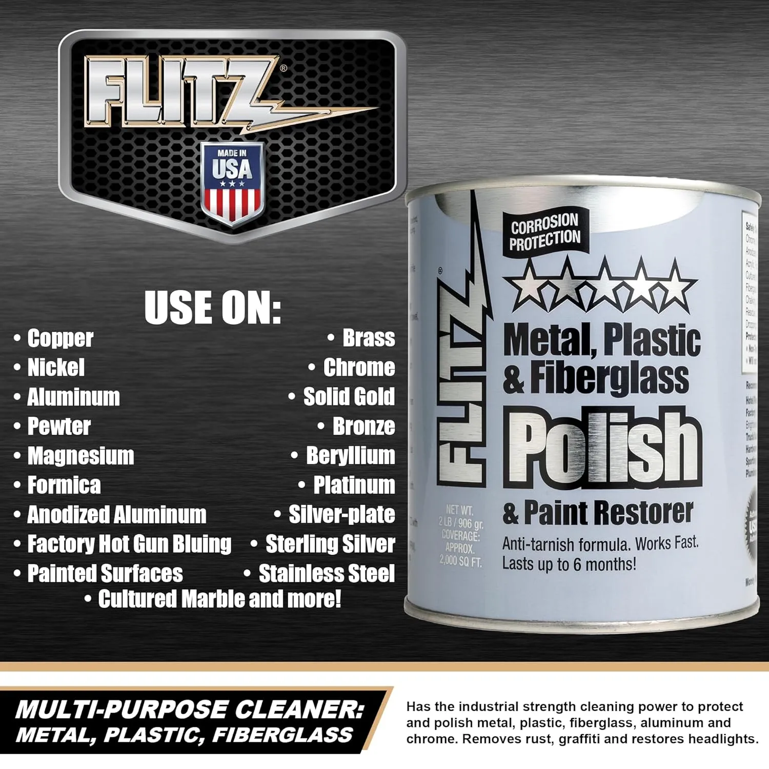 Flitz Multi-Purpose Metal Polish Paste - 2lb Can of USA-Made Metal Scratch Remover - Works on Stainless Steel, Chrome