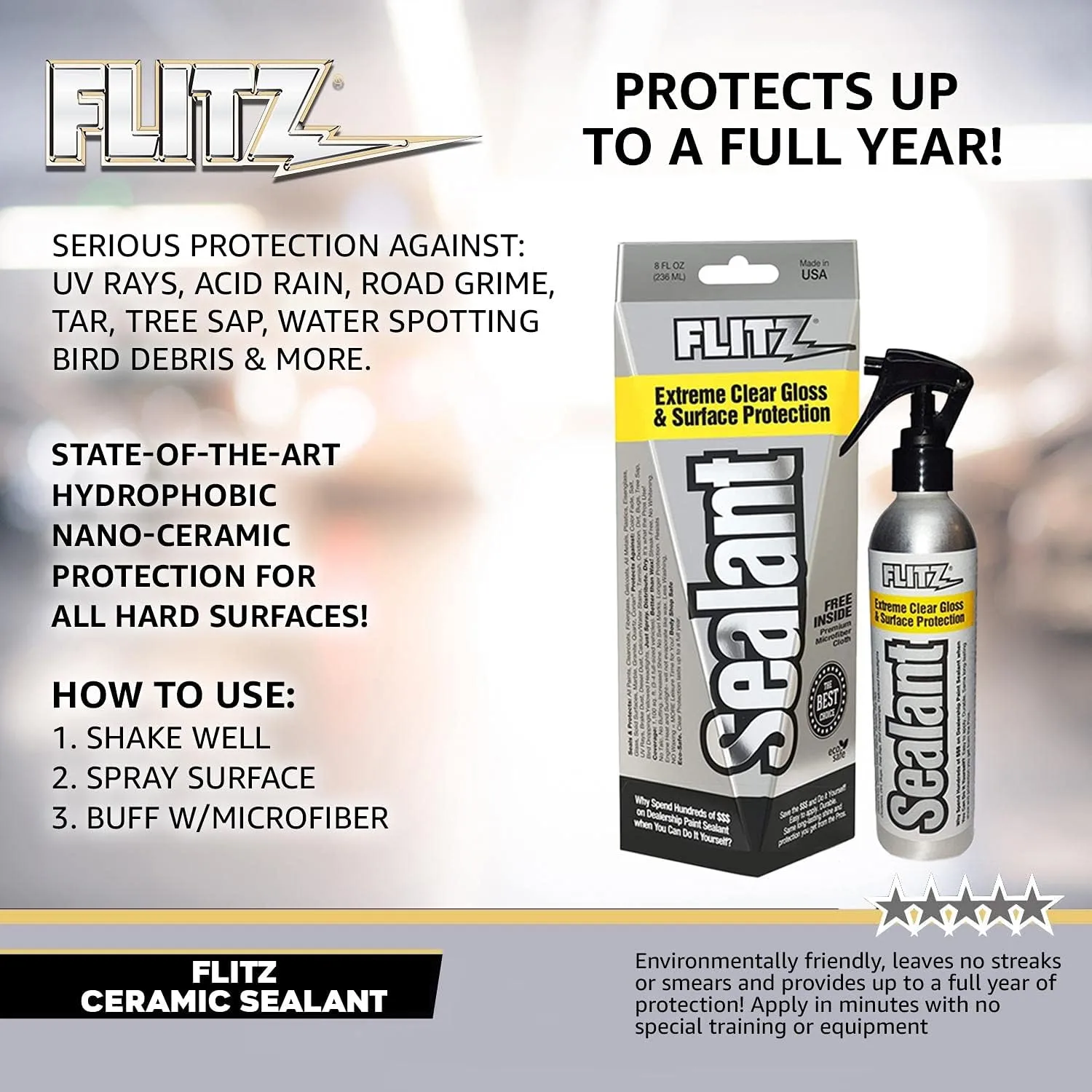 Flitz Ceramic Sealant w/ Microfiber Cleaning Cloth - 8oz Bottle of USA-Made Ceramic Coating for Cars, Boats