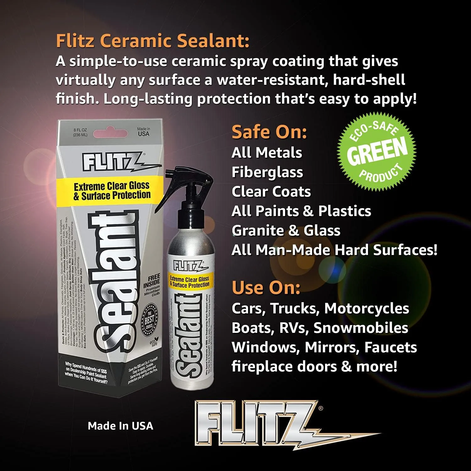 Flitz Ceramic Sealant w/ Microfiber Cleaning Cloth - 8oz Bottle of USA-Made Ceramic Coating for Cars, Boats