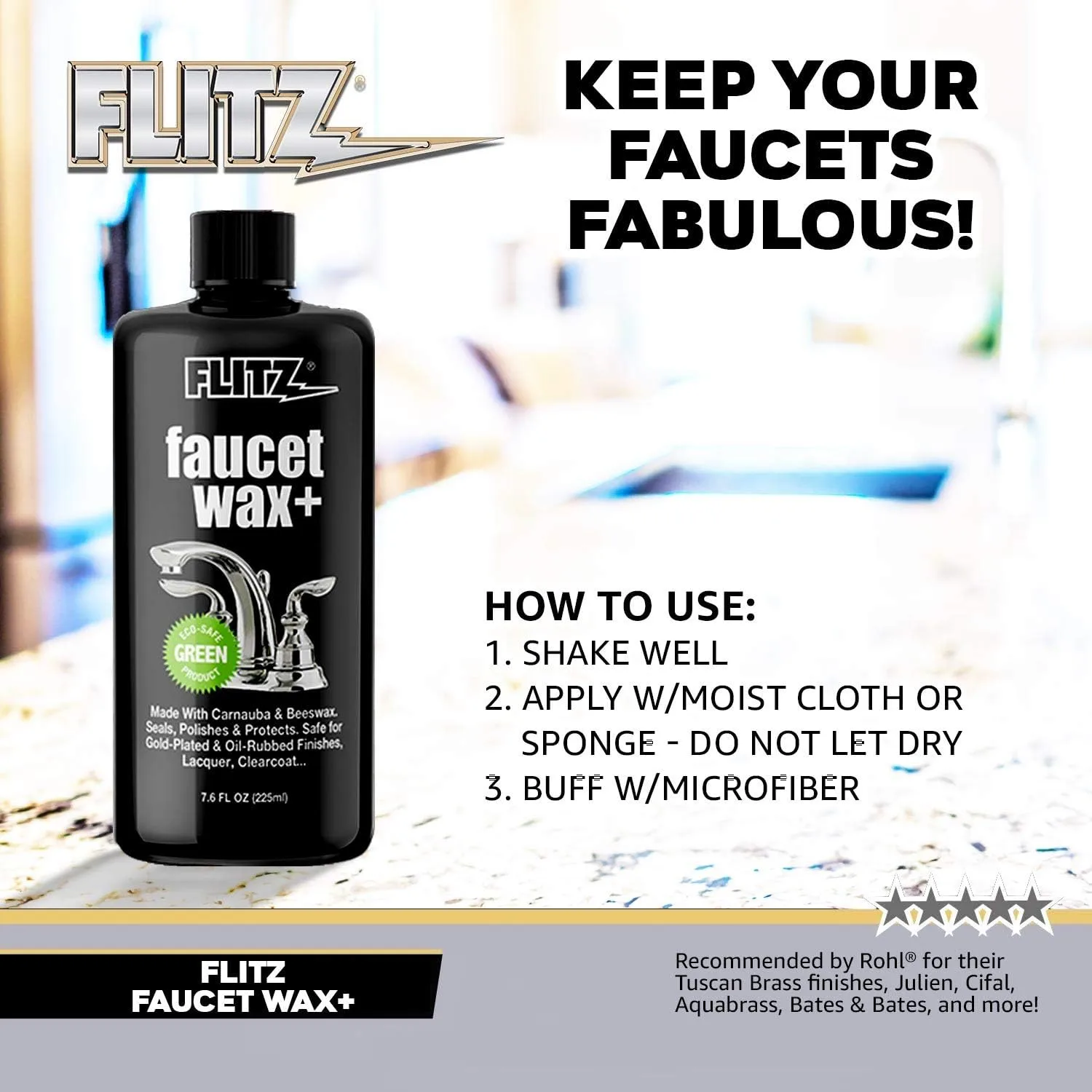 Flitz Faucet Wax Plus - 7.6oz Bottle of USA-Made, Water-Based Faucet Cleaner & Polisher for Water Stains, Fingerprints