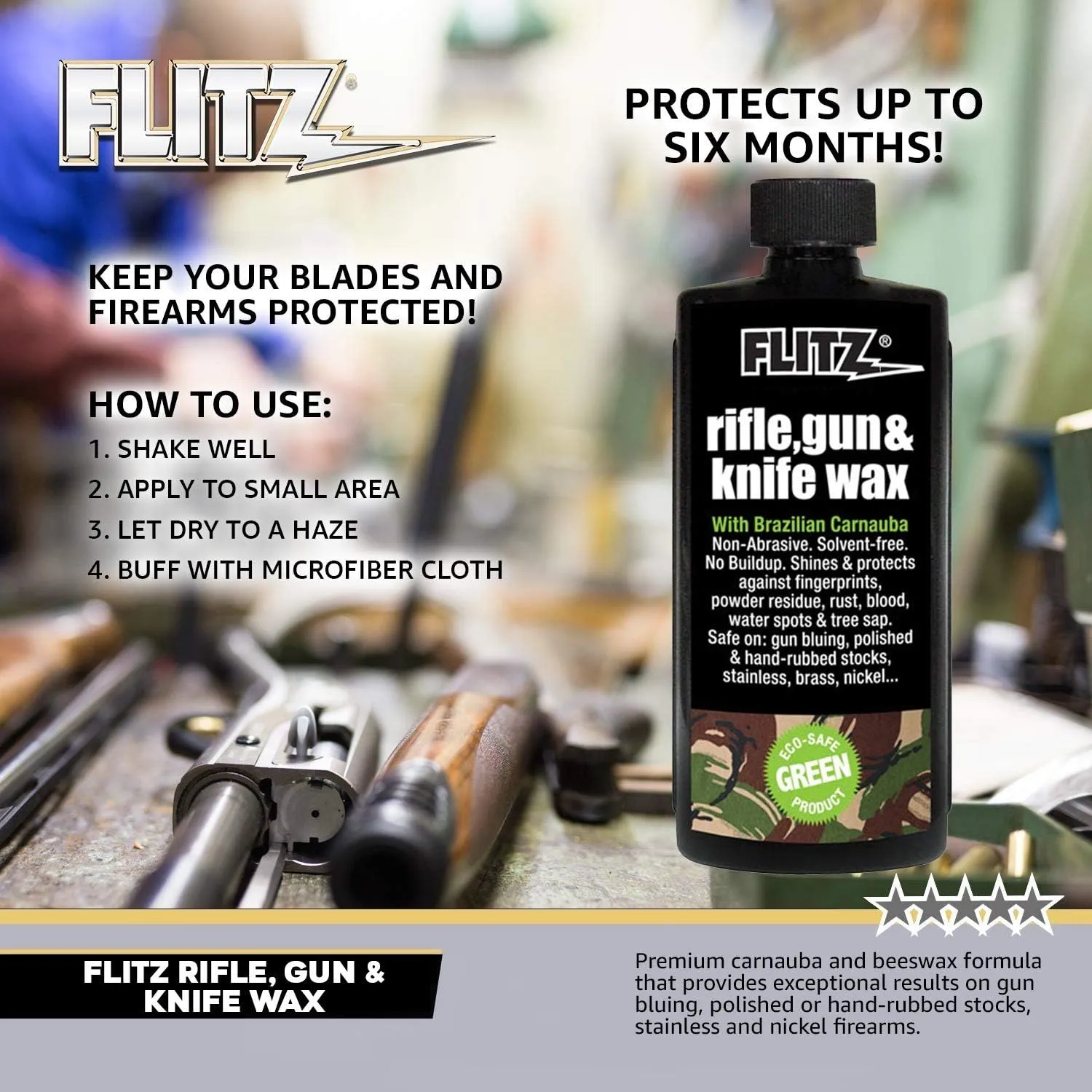 Flitz Rifle, Gun, Knife Wax - 7.6oz Bottle of USA-Made, Premium Beeswax & Carnauba Wax to Polish, Protect