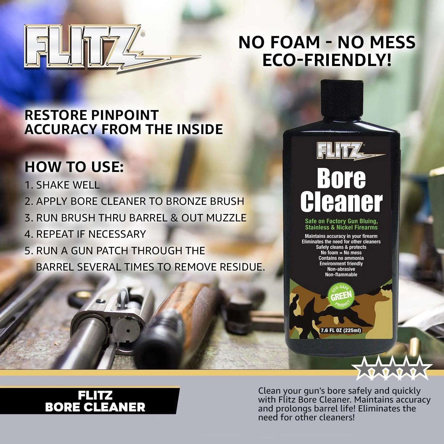 Flitz Gun Bore Cleaner - 7.6oz Bottle of USA-Made Gun Cleaning Solvent to Clean & Remove Rust, Lead Build Up, Ammo Residue