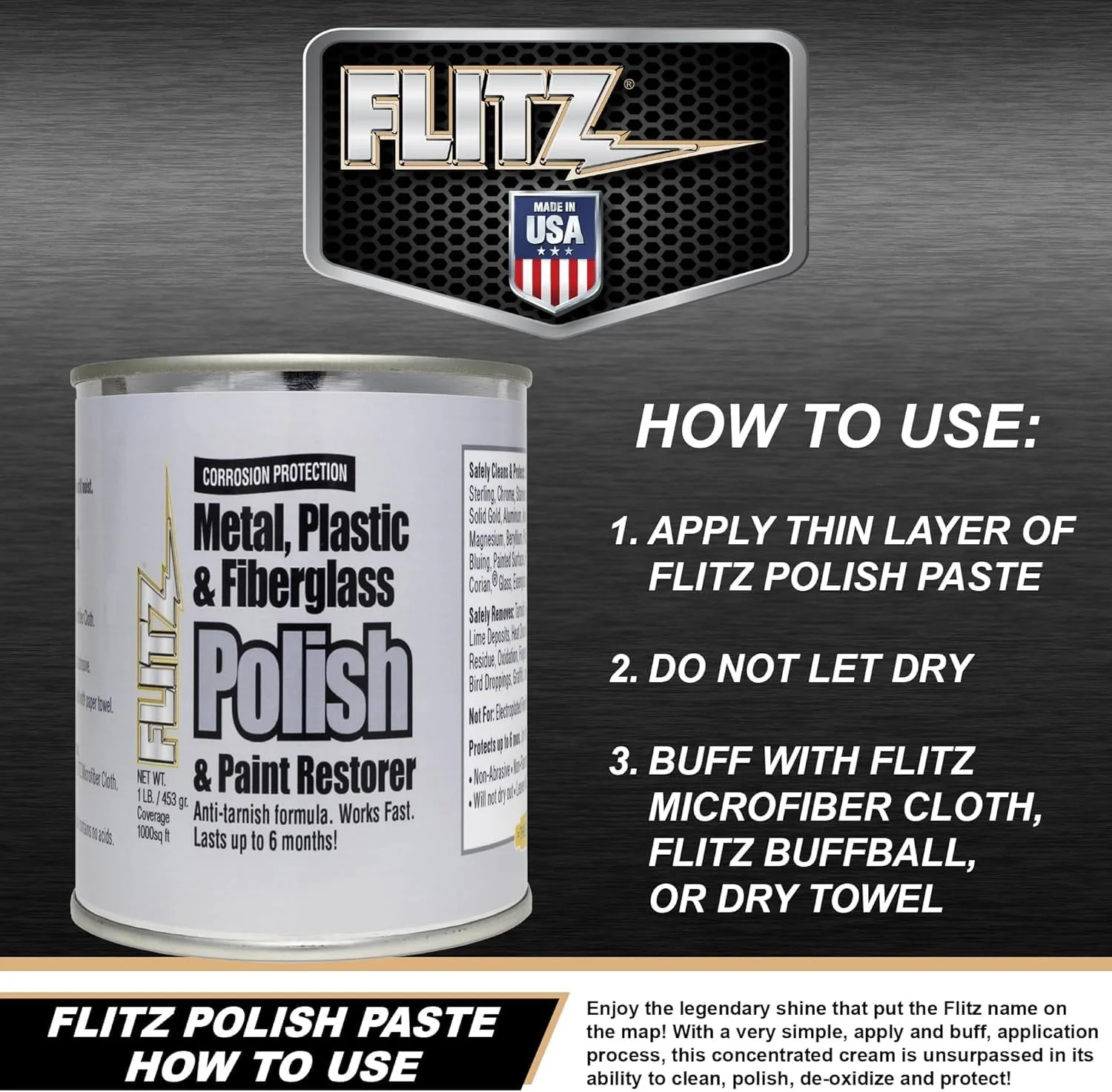 Flitz Multi-Purpose Metal Polish Paste - 1lb Can of USA-Made Metal Scratch Remover - Works on Stainless Steel, Chrome